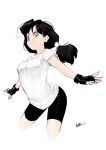  1girl 591mm bike_shorts black_gloves black_hair black_shorts blue_eyes breasts closed_mouth dragon_ball dragon_ball_z fingerless_gloves gloves long_hair looking_at_viewer shirt short_sleeves shorts signature solo twintails videl white_background white_shirt 