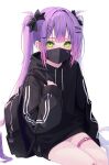  1girl 333shishishi333 bare_legs black_bag black_bow black_hoodie black_mask bow green_eyes hair_bow hair_ornament hairclip highres hololive hood hoodie leg_belt long_hair long_sleeves looking_at_viewer purple_hair sidelocks simple_background sitting sleeves_past_wrists solo tokoyami_towa twintails virtual_youtuber white_background 