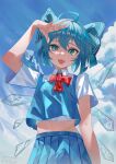  1girl :3 :d absurdres ahoge arm_up artist_name bangs blue_eyes blue_hair bow bowtie cirno cloud cumulonimbus_cloud dated day fang firecracker_(user_kgxp3553) from_below hair_between_eyes hair_bow highres ice ice_wings looking_at_viewer midriff navel open_mouth outdoors pleated_skirt red_bow red_bowtie short_hair skirt sky smile solo touhou wings 