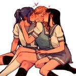  3girls artist_name black_hair black_socks blonde_hair blue_neckerchief blue_shirt blush closed_mouth commentary diezmil10000 english_commentary girl_sandwich grey_sailor_collar grey_skirt hair_ornament hairclip hand_on_another&#039;s_neck hand_on_another&#039;s_thigh heart highres kiss kissing_cheek kneehighs kurosawa_dia long_hair love_live! love_live!_sunshine!! matsuura_kanan multiple_girls neckerchief ohara_mari parted_lips pleated_skirt ponytail purple_hair sailor_collar sandwiched school_uniform shirt short_sleeves simple_background sitting skirt smile socks uranohoshi_school_uniform white_background white_shirt white_socks yuri 