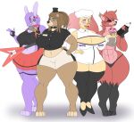 anthro avian bandanna bear big_breasts big_butt bird blue_eyes bonnie_(fnaf) bottle bottomwear bow_ribbon breasts butt canid canine chef_hat chica_(fnaf) chicken clothed clothing container dreadlocks ear_piercing ear_ring eye_patch eyewear facial_markings female five_nights_at_freddy&#039;s flat_colors footwear fox foxy_(fnaf) freddy_(fnaf) galliform gallus_(genus) group hat head_markings headgear headwear hi_res high_heels kerchief la-bonna(photolol.03) la-foxa_(photolol.03) la-fredda(photolol.03) la-shishi(photolol.03) lagomorph leporid lipstick looking_at_viewer makeup mammal markings muscular muscular_anthro muscular_female panties phasianid photolol.03 piercing pink_eyes purple_body rabbit ring_piercing scottgames simple_background skirt thick_thighs underwear wide_hips