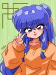  1girl abstract_background bell blush double_bun flower green_background hair_bell hair_bun hair_flower hair_ornament hand_gesture hand_up highres long_hair long_sleeves looking_at_viewer orange_sweater pink_flower purple_eyes purple_hair ranma_1/2 shampoo_(ranma_1/2) signature sweater tongue tongue_out v wanta_(futoshi) 