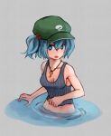  1girl alternate_costume bangs blue_eyes blue_hair breasts cleavage commentary flat_cap green_headwear grey_background grey_tank_top hair_bobbles hair_ornament hat highres jewelry kawashiro_nitori key_necklace looking_at_viewer medium_breasts necklace open_mouth short_hair solo striped_tank_top tank_top touhou two_side_up upper_body water yan_pai 