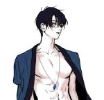  1boy abs akatsuki_no_yona bad_id bad_twitter_id black_hair blue_eyes commentary_request hair_over_one_eye hak_(akatsuki_no_yona) jewelry korean_clothes korean_commentary male_focus parted_lips pendant short_hair simple_background solo upper_body white_background yona_hyeon 