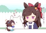  +++ 2girls :d animal animal_ears blue_hair blue_shirt blue_shorts bow braid brown_hair chibi closed_eyes daiichi_ruby_(umamusume) daitaku_helios_(umamusume) dog drill_hair fence flower gomashio_(goma_feet) hair_bow hair_flower hair_ornament horse_ears horse_girl horse_tail jitome long_hair long_sleeves mini_person minigirl multicolored_hair multiple_girls no_shoes pantyhose purple_eyes raglan_sleeves red_bow red_flower shirt shorts side_drill side_ponytail smile streaked_hair tail translation_request twin_drills umamusume very_long_hair white_pantyhose white_shirt wooden_fence yellow_flower 