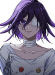  1boy bishounen buttons closed_mouth collarbone colored_eyelashes danganronpa_(series) danganronpa_v3:_killing_harmony eyepatch facing_viewer flipped_hair hair_between_eyes highres looking_at_viewer male_focus medical_eyepatch oma_kokichi pink_lips portrait purple_eyes purple_hair qiretsu ringed_eyes short_hair smile solo straitjacket twitter_username white_background 