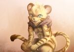  anthro blurred_background felid fur furaffinity green_eyes male mammal pantherine simple_background smile solo stampmats tiger yellow_body yellow_fur 