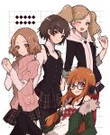  4girls absurdres black_pantyhose blue_eyes brown_hair fur-trimmed_jacket fur_trim glasses green_jacket headphones highres hood hood_down jacket long_hair long_sleeves looking_at_viewer mty_mmm multiple_girls niijima_makoto okumura_haru one_eye_closed open_mouth orange_hair own_hands_together pantyhose persona persona_5 plaid plaid_skirt purple_eyes red_eyes sakura_futaba shirt short_hair skirt smile sweater takamaki_anne turtleneck twintails 