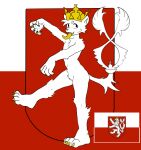 2023 anthro blush blush_lines cheek_tuft chest_tuft claws coat_of_arms crotch_tuft crown digital_media_(artwork) facial_tuft felid fur gigawix headgear hi_res leg_tuft lion looking_at_viewer male mammal on_one_leg open_mouth pantherine solo standing tongue tongue_out tuft white_body white_fur yellow_tongue