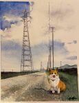  animal dog highres mountain mountainous_horizon no_humans original painting_(medium) power_lines rice_paddy road rural scenery shibakaka traditional_media transmission_tower utility_pole watercolor_(medium) 