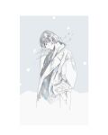  1boy aofuji_sui blue_theme border closed_eyes closed_mouth coat facing_down grey_background hand_in_pocket highres japanese_clothes long_sleeves male_focus monochrome original short_hair simple_background solo white_border 