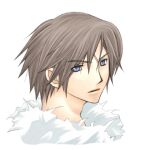  1boy bad_id blue_eyes brown_hair cropped_shoulders expressionless final_fantasy final_fantasy_viii fur_trim looking_back lowres male_focus rendezvous scar scar_on_face short_hair simple_background solo squall_leonhart upper_body white_background white_fur 