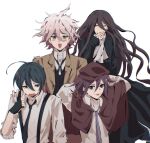  4boys :d ahoge ascot bangs black_dress black_hair black_necktie blush_stickers brown_capelet brown_eyes brown_hair brown_headwear brown_jacket capelet collared_shirt cosplay_request crossdressing danganronpa_(series) danganronpa_2:_goodbye_despair danganronpa_v3:_killing_harmony dress grey_ascot grey_background grey_hair hair_between_eyes highres hinaeorii jacket kamukura_izuru komaeda_nagito long_hair male_focus multiple_boys necktie open_clothes open_jacket open_mouth ouma_kokichi saihara_shuuichi shiny shiny_hair shirt short_hair simple_background smile striped_necktie 