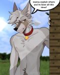 absurd_res anthro black_nose body_hair brown_eyes cloud collar collar_only dialogue fur grass grey_body grey_fur happy_trail hi_res male microsoft minecraft mojang nipples nude plant shaded sky solo speech_bubble vampimorph video_games watermark wolf_(minecraft) xbox_game_studios 