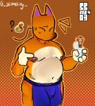 animal_crossing anthro apron belly bulge canid canine clothing crazy_redd fox fur male mammal moobs navel nintendo nipples orange_body orange_fur pupils skibidi_toilet slightly_chubby slimeling slit_pupils solo