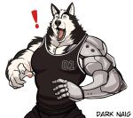  2022 absurd_res anthro artist_name barazoku big_muscles bottomwear canid canine canis claws clothed clothing cybernetic_arm cybernetic_limb cybernetics darknaigart domestic_dog exclamation_point fur hi_res huge_muscles husky machine male mammal muscular muscular_anthro muscular_male nordic_sled_dog number open_mouth pants pecs reaction_image scar shirt simple_background solo spitz standing surprised_expression tank_top teeth tongue topwear tuft white_background wide_eyed 