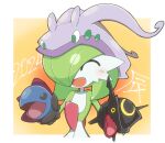  alternate_color bob_cut chinese_zodiac closed_eyes dragon envi55109095 fang gardevoir goodra green_hair hair_over_one_eye hand_puppet highres hydreigon open_mouth orange_background pokemon pokemon_(creature) puppet rayquaza shiny_pokemon year_of_the_dragon 