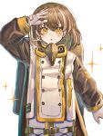  1girl :o arknights arm_up blush brown_hair brown_jacket commentary_request earrings glint gloves hair_between_eyes hakaimoufu highres jacket jewelry long_sleeves looking_at_viewer magallan_(arknights) multicolored_hair parted_lips puffy_long_sleeves puffy_sleeves simple_background solo sparkle streaked_hair white_background white_gloves white_hair yellow_eyes 