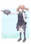  1girl aaoi adapted_turret aiming black_dress black_socks bow bowtie cannon double_bun dress full_body green_bow green_bowtie hair_bun highres kantai_collection light_brown_hair long_sleeves machinery michishio_(kancolle) michishio_kai_ni_(kancolle) pinafore_dress rudder_footwear searchlight shirt short_twintails socks solo torpedo_launcher turret twintails white_shirt yellow_eyes 