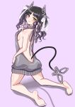  1girl aran_sweater ass back backless_dress backless_outfit bangs bare_back barefoot black_hair blush bow breasts butt_crack closed_mouth commentary_request demon_girl demon_horns demon_tail dress full_body grey_sweater hair_bow halterneck highres horns kneeling kojo_anna long_hair looking_at_viewer looking_back medium_breasts meme_attire multicolored_hair naked_sweater official_alternate_costume pink_background pointy_ears purple_hair ribbed_sweater robou_no_stone sideboob simple_background smile soles solo sugar_lyric sweater sweater_dress tail turtleneck turtleneck_sweater twintails two-tone_hair virgin_killer_sweater virtual_youtuber white_bow yellow_eyes 