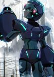  1boy android arm_cannon armor blue_armor blue_eyes blue_headwear blurry blurry_background cang_she clenched_hand forehead_jewel from_behind glowing helm helmet highres looking_at_viewer looking_back mega_man_(series) mega_man_x_(series) neon_trim official_alternate_costume solo upper_body weapon x_(mega_man) 
