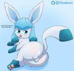  absurd_res anus balls big_butt blue_body blush butt canid cloudeon digital_media_(artwork) eeveelution feral fur generation_4_pokemon genitals glaceon hi_res male mammal nintendo nude open_mouth paws pokemon pokemon_(species) simple_background smile solo video_games 