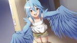  1girl ahoge artist_request bangs bare_shoulders bird_legs blue_hair blue_wings blush breasts feathered_wings feathers game_cg hair_between_eyes harpy incoming_hug looking_at_viewer monster_girl monster_musume_no_iru_nichijou monster_musume_no_iru_nichijou_online official_art open_mouth outstretched_arms papi_(monster_musume) small_breasts tank_top white_tank_top winged_arms wings yellow_eyes 