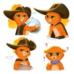 anthro attitude blep bowl cape clothing collar confusion container domestic_cat dreamworks ears_down eating felid feline felis food frown fur green_eyes hat headgear headwear hi_res holding_object looking_at_viewer male mammal multiple_images multiple_poses narrowed_eyes open_mouth orange_body orange_fur pivoted_ears pose pouting puss_in_boots_(character) puss_in_boots_(dreamworks) question_mark solo tabby_cat tongue tongue_out wawapras whiskers