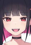  1girl black_choker black_hair blue_archive blush choker close-up colored_inner_hair fang highres kazusa_(blue_archive) momocadraw multicolored_hair open_mouth pink_hair portrait red_eyes short_hair simple_background smile solo white_background 