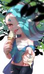  1girl :p black_pants blue_hair blue_shawl blurry blurry_foreground cephalopod_eyes chest_sarashi collarbone commentary_request eyelashes food full_body groin hachimaki hair_over_one_eye headband highres holding holding_ice_cream_cone holding_spoon ice_cream ice_cream_cone leaf licking medium_hair minamidena navel nejiri_hachimaki octoling pants reaching reaching_towards_viewer red_eyes sarashi shadow shawl shiver_(splatoon) simple_background solo splatoon_(series) splatoon_3 spoon standing tentacle_hair thick_eyebrows tongue tongue_out torn_clothes torn_pants white_background 