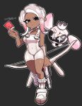  1girl agent_8_(splatoon) black_background black_eyes bodysuit bow_(weapon) breasts closed_mouth color_chip_(splatoon) commentary_request covered_navel crown dark-skinned_female dark_skin eyelashes floating full_body gradient_hair highres holding holding_bow_(weapon) holding_weapon large_breasts long_hair multicolored_hair non-humanoid_robot octoling octoling_girl octoling_player_character pearl_drone_(splatoon) red_hair riki0731 robot simple_background sleeveless sleeveless_bodysuit splatoon_(series) splatoon_3 splatoon_3:_side_order standing tentacle_hair translation_request tri-stringer_(splatoon) two-tone_hair weapon white_bodysuit white_hair 