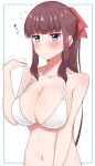  1girl absurdres bikini blue_eyes blunt_bangs blush bow breasts brown_hair cleavage closed_mouth collarbone fanning_self flying_sweatdrops hair_ribbon halterneck highres large_breasts long_hair looking_at_viewer mole mole_on_breast motion_lines navel new_game! ponytail red_bow red_ribbon ribbon sidelocks simple_background solo swimsuit takimoto_hifumi upper_body white_background white_bikini yyamashii 