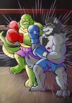  2021 absurd_res anthro biped bottomwear boxing_gloves boxing_shorts brok_(character) brok_the_investigator canid canine canis clothing duo fighting_ring green_body grey_body handwear hi_res lowemond male mammal nipples shorts video_games wolf 