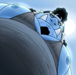 anthro belly black_hair blue_body clothing fish-men_(one_piece) fishdaddyjinbe hair hi_res jinbe low-angle_view male marine musclegut muscular nipples one_piece pec_pov_meme pecs shirt solo tank_top topwear tusks