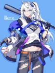  1girl 2024 absurdres baseball baseball_bat black_gloves blue_eyes blurry blurry_background cowboy_shot english_text gloves hair_ornament high_ponytail highres holding holding_baseball_bat honkai_(series) honkai_impact_3rd jacket kiana_kaslana kiana_kaslana_(herrscher_of_finality) long_hair long_sleeves looking_at_viewer midriff navel open_mouth pants pink_pupils shirt simple_background solo sparks_summer teeth torn_clothes torn_pants white_hair white_jacket 