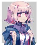  1girl arare_(op_ed_000) bangs black_jacket breasts brown_hair collared_shirt danganronpa_(series) danganronpa_2:_goodbye_despair dress_shirt galaga grey_background hair_ornament highres hood hood_down hooded_jacket jacket medium_breasts nanami_chiaki neck_ribbon open_clothes open_jacket pink_eyes pink_ribbon ribbon shiny shiny_hair shirt smile solo upper_body white_shirt 