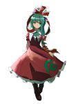  1girl acor arm_ribbon boots bow brown_footwear dress frilled_bow frilled_dress frilled_ribbon frills front_ponytail full_body green_eyes green_hair hair_bow hair_ribbon highres kagiyama_hina long_hair puffy_short_sleeves puffy_sleeves red_bow red_dress red_ribbon ribbon short_sleeves simple_background solo touhou white_background 