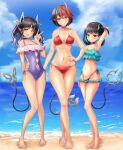  3girls absurdres alternate_costume arm_behind_head armpits bangs beach bikini black_bikini black_hair blue_bikini blue_eyes blue_hair blush breasts closed_mouth clothing_cutout cloud commentary_request crossed_legs day demon_girl demon_horns demon_tail flat_chest frilled_bikini frilled_swimsuit frills full_body hand_on_hip highres horizon horns kojo_anna large_breasts looking_at_viewer medium_breasts medium_hair mismatched_bikini multicolored_hair multiple_girls navel navel_cutout ocean one_side_up open_mouth outdoors pointy_ears purple_hair purple_one-piece_swimsuit red_bikini red_eyes red_hair robou_no_stone ryugasaki_rene sand shishio_chris short_hair side-tie_bikini_bottom smile sugar_lyric swimsuit tail tan twintails two-tone_hair virtual_youtuber water yellow_eyes 