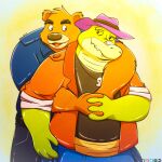 2024 absurd_res anilover16 anthro bear bottomwear brok_(brok_the_investigator) brok_the_investigator brown_body clothing duo green_body hat headgear headwear hi_res hug hugging_from_behind humanoid_hands male male/male mammal pants r.j._(brok_the_investigator) shirt simple_background slightly_chubby topwear