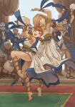  2girls 6+boys :d annette_fantine_dominic armlet barefoot blonde_hair blue_eyes blue_hair bongo_drums commentary dancer_(three_houses) dancing dedue_molinaro dress drum english_commentary felix_hugo_fraldarius fire_emblem fire_emblem:_three_houses gladiator_sandals gold_trim green_little grey_hair indoors instrument long_hair medium_hair mercedes_von_martritz multiple_boys multiple_girls music open_mouth orange_hair playing_instrument sandals single-shoulder_dress sitting smile standing teeth upper_teeth_only 