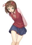  1girl amami_haruka bare_legs blue_skirt blush breasts brown_hair feet_out_of_frame green_eyes hair_ribbon highres idolmaster idolmaster_(classic) idolmaster_million_live! long_sleeves looking_at_viewer neck_ribbon pink_shirt pleated_skirt ranma_(kamenrideroz) red_vest ribbon school_uniform shirt short_hair simple_background skirt small_breasts smile solo vest white_background 