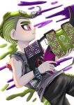  .96_gal_(splatoon) 1boy absurdres bracelet closed_mouth engawa_no_shiso_(pixiv_101140035) green_hair grey_shirt gun highres holding holding_gun holding_weapon jewelry male_focus octoling octoling_boy octoling_player_character paint pink_eyes print_shirt shirt short_hair simple_background solo splatoon_(series) splatoon_3 studded_bracelet tentacle_hair thick_eyebrows weapon white_background 
