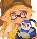  1girl :o backwards_hat baseball_cap blonde_hair blue_eyes brown_headwear commentary_request eyebrows_hidden_by_hair grey_eyes hat highres inkling inkling_girl inkling_player_character long_hair looking_at_viewer ochocho2828 piplup pointy_ears pokemon pokemon_(creature) shirt simple_background slosher_(splatoon) solo splatoon_(series) tentacle_hair thick_eyebrows weapon white_background yellow_shirt 