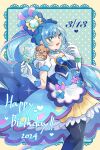  1girl 1other back_bow blue_bow blue_eyes blue_hair blue_pantyhose bow brooch bun_cover cure_spicy delicious_party_precure dog dress earrings fuwa_kokone glass gloves green_eyes hair_bow hair_ornament happy_birthday heart heart_brooch highres huge_bow jewelry long_hair looking_at_viewer magical_girl open_mouth pam-pam_(precure) pantyhose pink_hair precure side_ponytail smile sorashinakei_k very_long_hair white_gloves yellow_background 