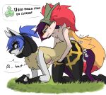 absurd_res anthro beanie bodily_fluids braixen breasts clothing doggystyle duo female fiya fiyawerks from_behind_position generation_4_pokemon generation_6_pokemon grass hair hat headgear headwear hi_res humping imminent_transformation jet_volu_(jetbloodthorn) kneeling leg_markings looking_back lucario male male/female markings navel nintendo on_grass plant plap plap_(sound) pokemon pokemon_(species) ponytail sex size_difference sweat thigh_markings waist_grab