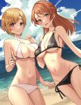  2girls aiba_yumi asymmetrical_docking beach bikini black_bikini blonde_hair blush breast_press breasts cleavage cloud groin half_updo halterneck hojo_karen idolmaster idolmaster_cinderella_girls looking_at_viewer multiple_girls navel o-ring o-ring_bikini orange_hair outdoors photoshop_(medium) rum_raisin_(chihiromakita19) short_hair side-tie_bikini_bottom sideboob smile sweatdrop swimsuit underboob white_bikini 