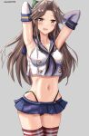  1girl black_hairband black_neckerchief black_panties blue_sailor_collar blue_skirt blush breasts brown_eyes brown_hair cosplay crop_top elbow_gloves gloves grey_background hair_bun hairband highleg highleg_panties highres jintsuu_(kancolle) kantai_collection long_hair looking_at_viewer microskirt mizuki_(uzuki_no_sato) navel neckerchief open_mouth panties ribbon sailor_collar school_uniform serafuku shimakaze_(kancolle) shimakaze_(kancolle)_(cosplay) skirt small_breasts smile solo striped_clothes striped_thighhighs thighhighs thong twitter_username underwear white_gloves 