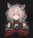  1girl animal_ear_fluff animal_ears bare_shoulders black_background black_shirt bow c_cand1e cat_ears choker closed_mouth collared_shirt commission cropped_torso grey_hair hair_between_eyes hand_on_own_chest heart heart_choker highres jacket long_hair long_sleeves looking_at_viewer off_shoulder original own_hands_together parted_lips red_bow red_choker red_eyes shirt simple_background sleeveless sleeveless_shirt sleeves_past_wrists solo straight-on upper_body white_hair 