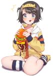  1girl :t ^^^ alternate_costume black_hair blue_eyes blush burger closed_mouth collarbone drawstring eating food food_on_face full_body hairband highres holding holding_food hololive hood hood_down hooded_jacket hoodie jacket long_sleeves looking_at_viewer multicolored_clothes multicolored_jacket official_alternate_costume official_alternate_hairstyle oozora_subaru short_hair simple_background sitting socks solo striped_clothes striped_socks suzushika_(13_96) swept_bangs thighs two_side_up virtual_youtuber white_background yellow_hairband yellow_jacket 