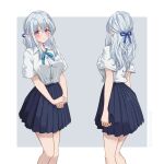  1girl arms_at_sides bare_legs blue_hair blue_ribbon blue_skirt blush border breast_pocket breasts closed_mouth collared_shirt dot_nose feet_out_of_frame from_behind grey_background hair_between_eyes hair_ribbon half_updo hand_on_hand highres kakuremino7928 legs_together light_smile long_eyebrows long_hair looking_ahead medium_breasts miniskirt multiple_views neck_ribbon original outside_border own_hands_together pink_eyes pleated_skirt pocket ribbon school_uniform shirt shirt_tucked_in short_sleeves sidelocks simple_background skirt split_mouth standing twitter_username white_border white_hair white_shirt 